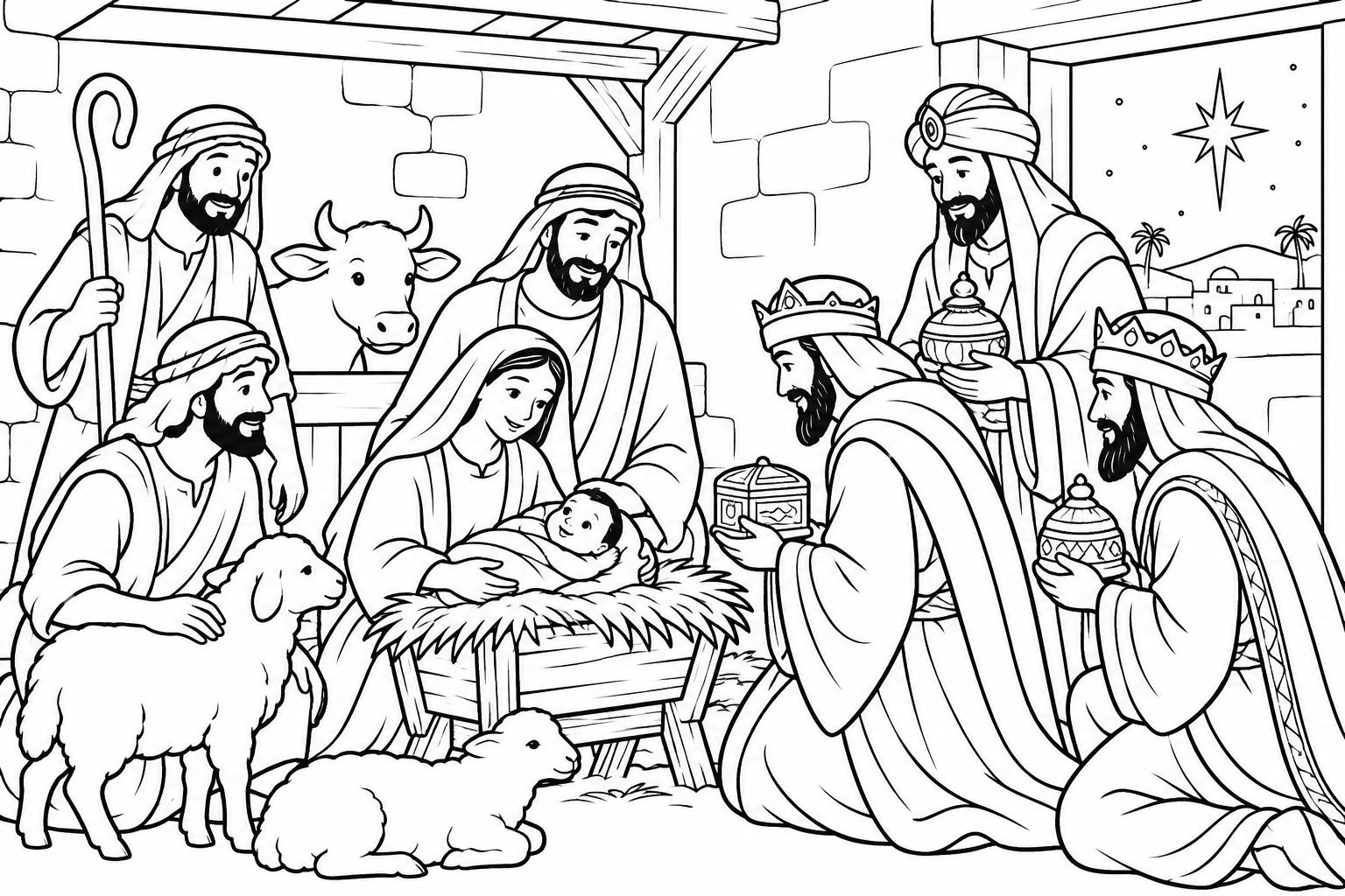 055 The Shepherds and the Three Wise Men — coloring page