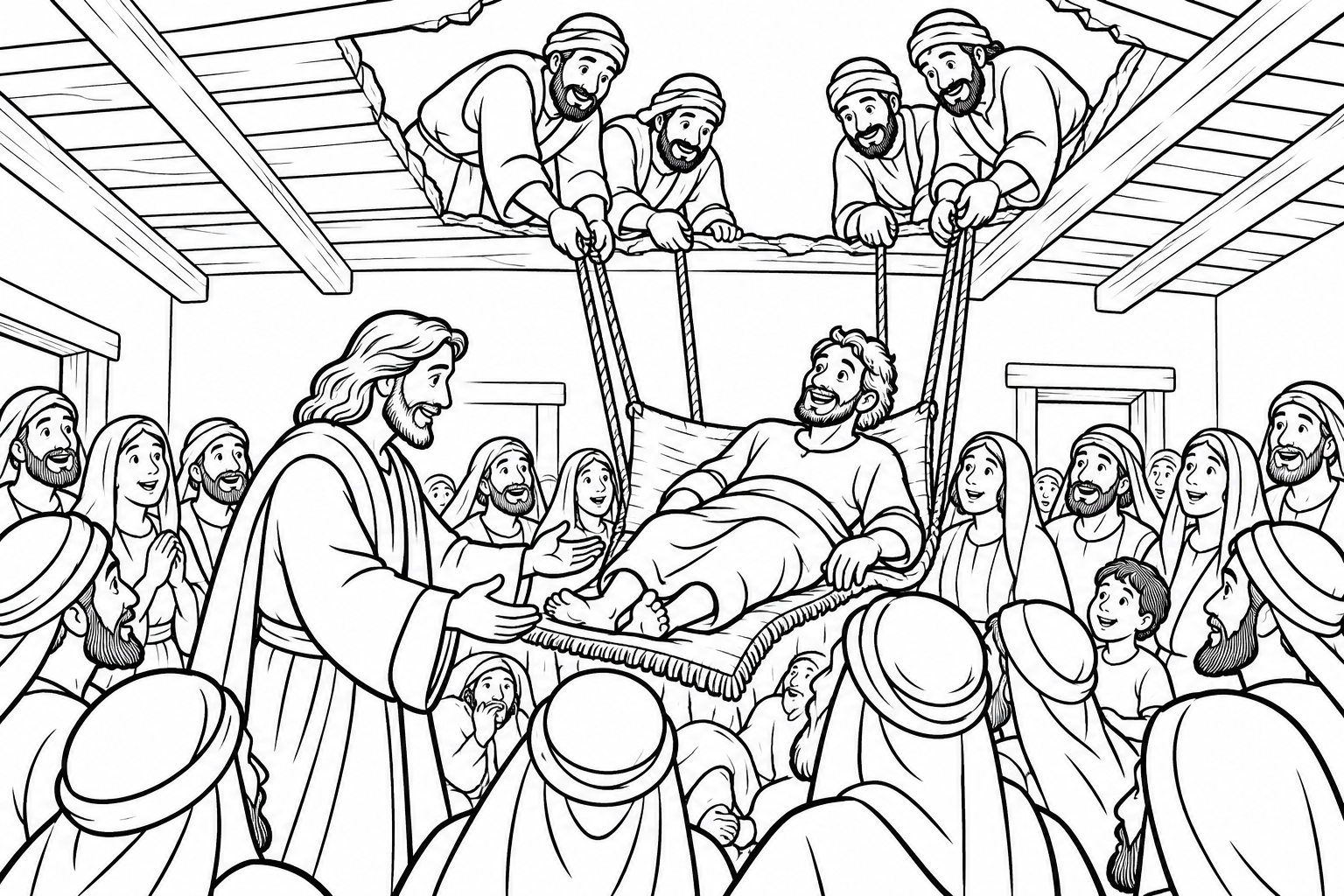 064 Jesus and the Four Friends — coloring page