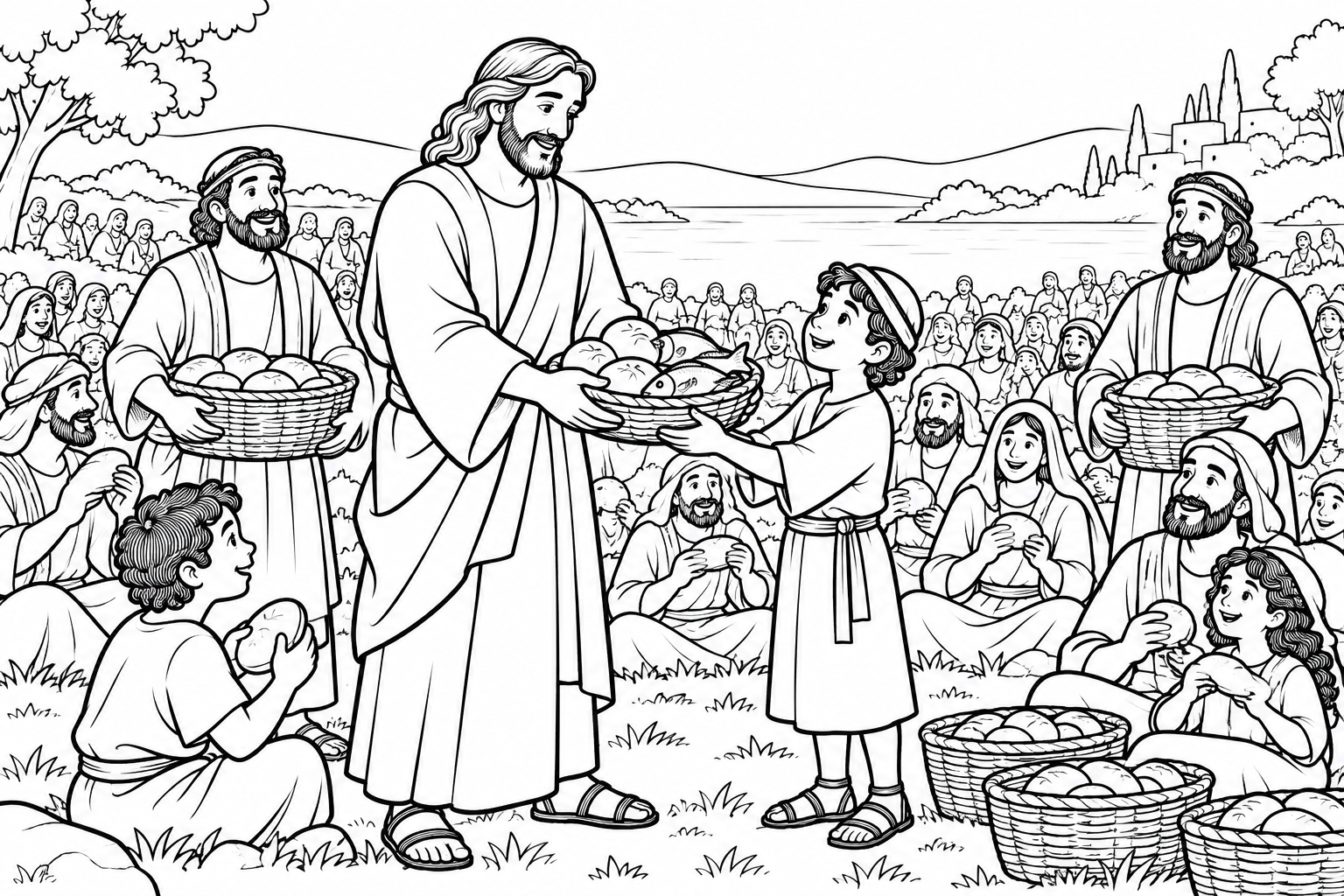 067 Jesus Feeds the Five Thousand with Five Loaves and Two Fish — coloring page