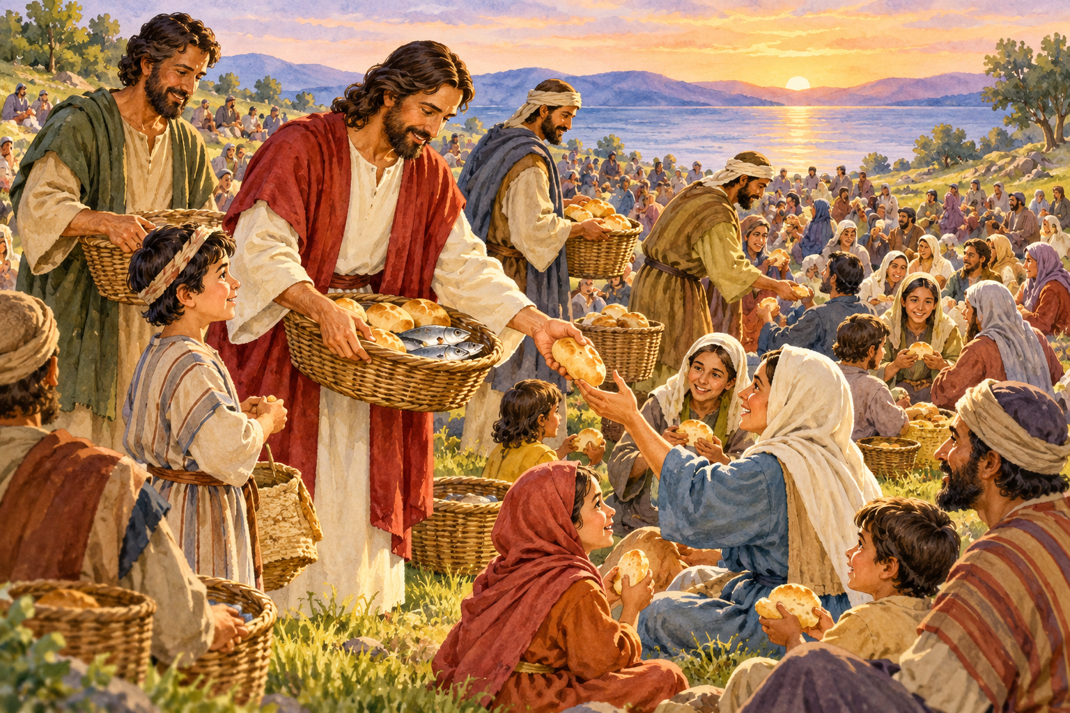 067 Jesus Feeds the Five Thousand with Five Loaves and Two Fish — color illustration