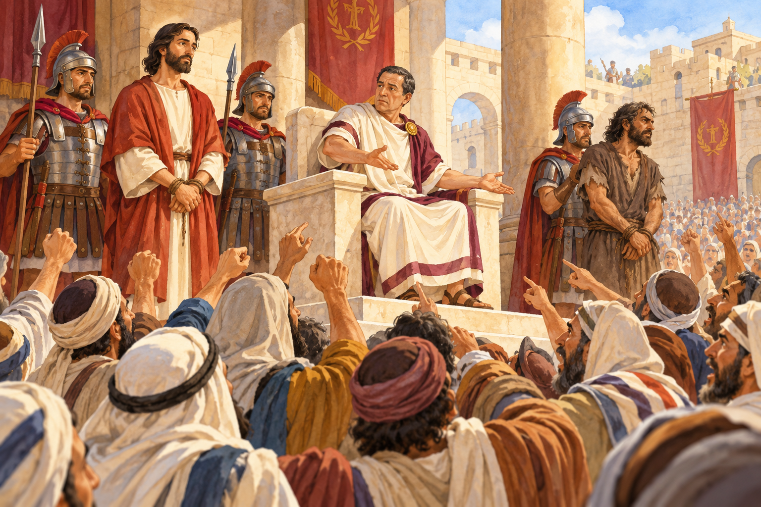 094 Jesus Before the Jewish Council and Pilate — color illustration